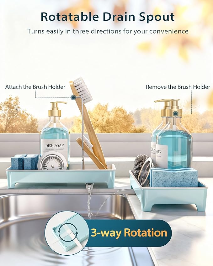 Minimalist Sink Caddy, Rustproof Sponge Holder for Kitchen Sink with 304 Stainless-Steel Brush Holder, Countertop Rack Organizer with Raised Ridges & Silicone Drain Tube (Pastel Blue)