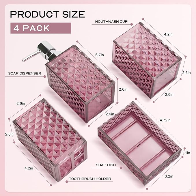Bathroom Accessory Set, Grid Pattern 4 Pcs Plastic Bathroom Set Include Soap Dispenser, Soap Dish, Toothbrush Holder, Mousewash Cup, Modern Bahtroom Décor Set(Burgundy)