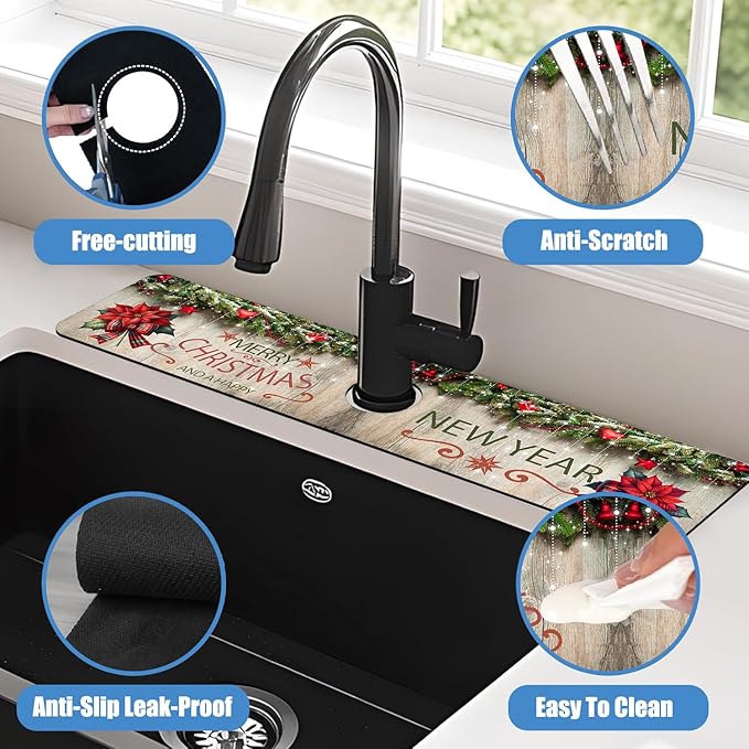 Chrismas Sink Splash Guard Faucet Mat Cute Christmas Absorbent Fast Drying Mat Sink Gadgets Splash Guard Behind Faucet Drip Catcher for Kitchen Bathroom 23.5"X5.5"