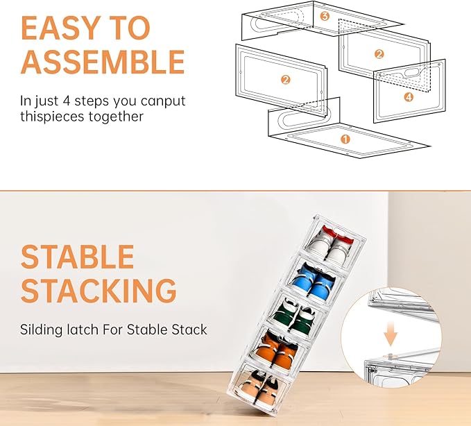 INSTY 6 Pack Large Shoe Storage Box, Clear Shoe Storage Organizer with Magnetic Door, Stackable,Shoe Containers For Display Sneakers, Easy Assembly, Fit up to US Size 12, Clear