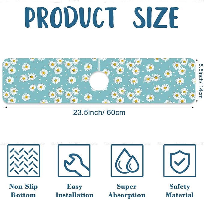 Cute Daisy Sink Splash Guard Faucet Mat White Daisies Super Absorbent Fast Drying Mat Sink Gadgets-Splash Guard Behind Faucet Drip Catcher for Kitchen Bathroom, 23.5"x5.5"