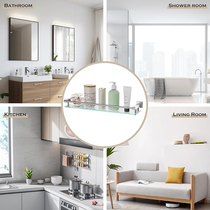 SFGSOWOR Glass Shelf for Bathroom Wall Sheves 24 inches Rectangular Stainless Steel Tempered Glass Modern Wall Mount Accessories Organizers Storage (Chrome Polished, 24‘’)