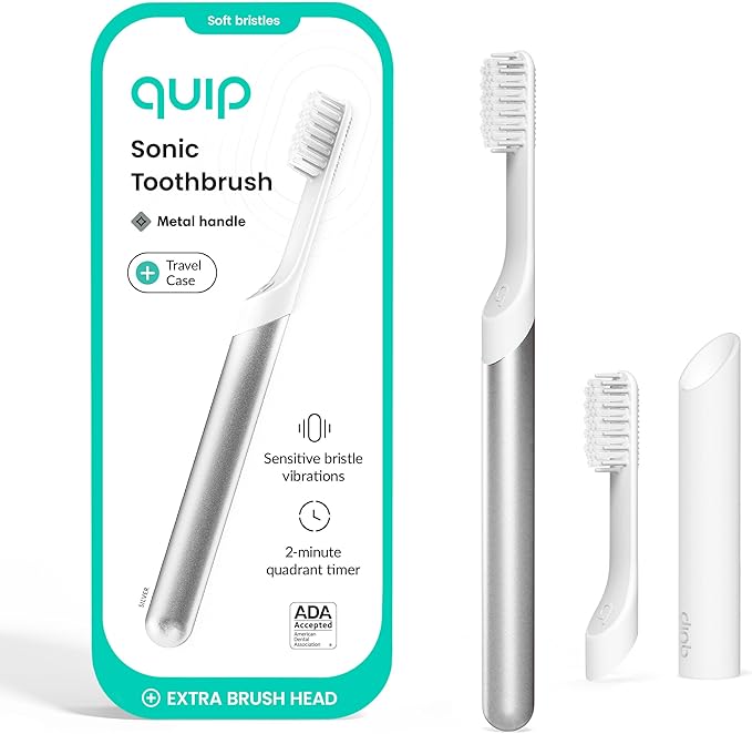 Quip Metal Sonic Electric Toothbrush for Adults - Time Travel & Soft Bristles with Travel Case & Replacement Brush Head - 3 Month Battery Life - Silver