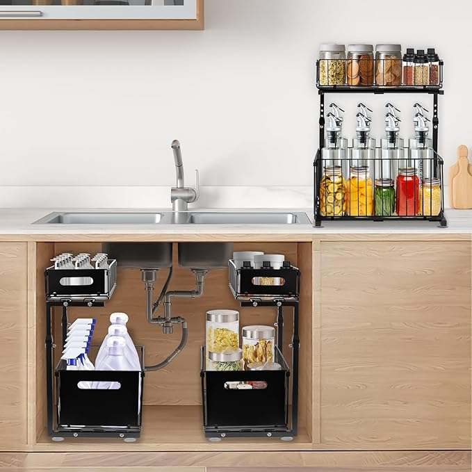 Under Sink Organizers and Storage, 2-Tier Pull Out Cabinet Organizer, Slide Sink Steel Shelf Cabinet Storage Shelves, Height Adjustable Under Sink Storage for Kitchen Bathroom, 2 Pack