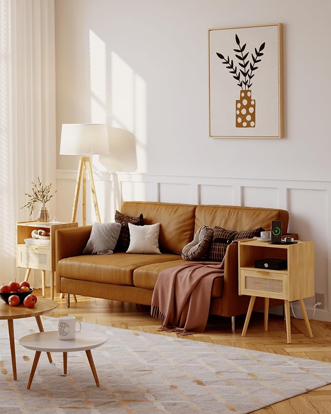 Veegle Rattan Nightstand with Outlet,Modern Bedside Table with Storage Drawer and Open Wood Shelf, for Living Room, Bedroom and Small Spaces, Accent Night Stand with Solid Wood Legs,Yellow Oak