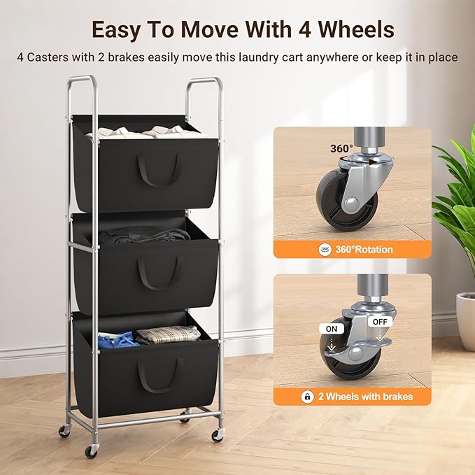 ELYKEN 120L Vertical Rolling Laundry Hamper with Removable Bags, 3 Section Laundry Baskets with Wheels, Space-Saving 3 Tier Laundry Sorter for Small Spaces, Dorm, Bedroom, Bathroom, Laundry Room