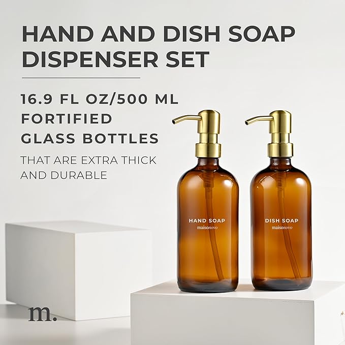 MaisoNovo Soap Dispenser 2-Piece Set | 16.9oz Amber Bottles with Gold Stainless Steel Pump Core