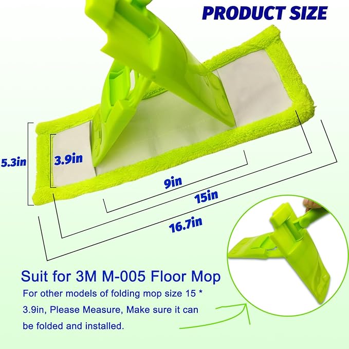 6 Pack Reusable Mop Pads Compatible with 3M Scotch-Brite M-005 Floor Mops, Microfiber Hardwood Floor Mop Pads Wet or Dry Use mop,Fit for Folding mop 15 in*3.9 in mop Head