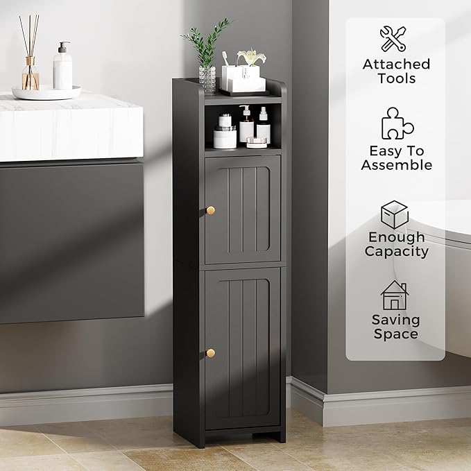 BEWISHOME Small Bathroom Cabinet, Bathroom Storage Cabinet with Adjustable Shelves & 2 Doors, Narrow Toilet Paper Cabinets, 7.9" D x 7.9" W x 31.5" H, for Small Spaces, Black YYG03B