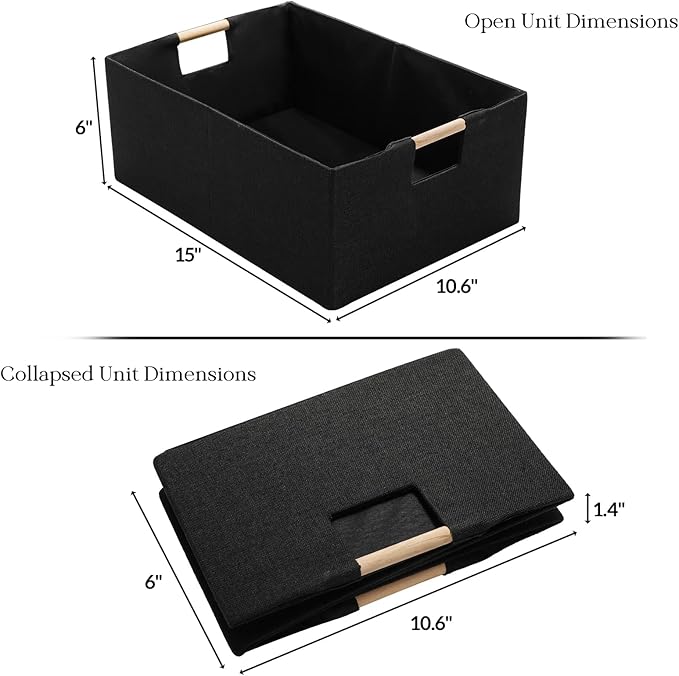 ZOOFOX Set of 2 Black Storage Baskets, Closet Storage Bins with Wooden Handles, Foldable Rectangular Storage Baskets for Shelves, Closets, Home, Office