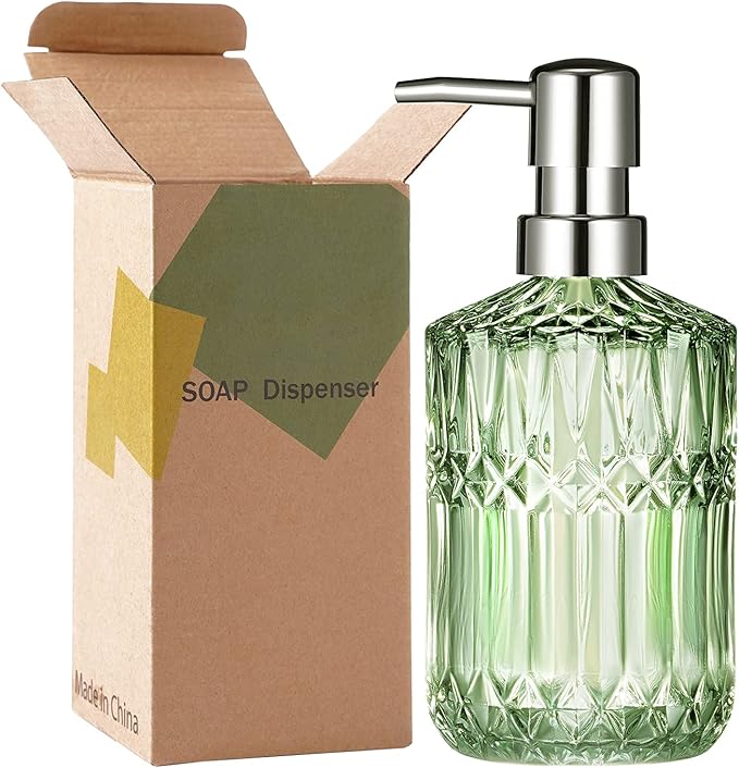 Diamond Design 12 Oz Purple Glass Soap Dispenser,Refillable Lotion Soap Dispenser for Bathroom, Kitchen, Hand Soap, Dish Soap,Shampoo, Ideal for Bathroom Countertop. (Purple)