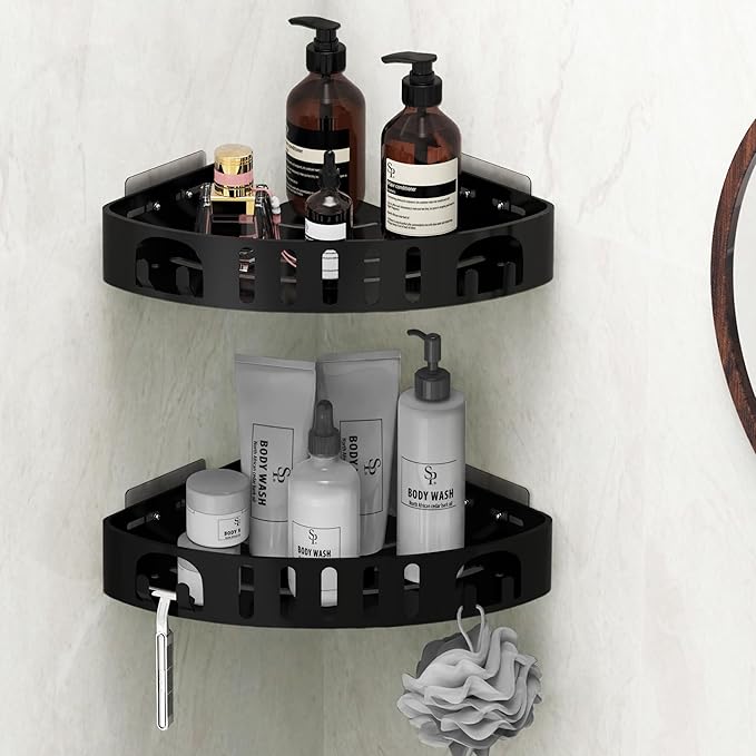 Adhesive Corner Shower Shelf No Drill | Rust-Proof Aluminum Alloy Stick On Bathroom Organizer with Shaving Holder for Shampoo, Conditioner, Soap, Razors Black 2Pack