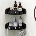Adhesive Corner Shower Shelf No Drill | Rust-Proof Aluminum Alloy Stick On Bathroom Organizer with Shaving Holder for Shampoo, Conditioner, Soap, Razors Black 2Pack