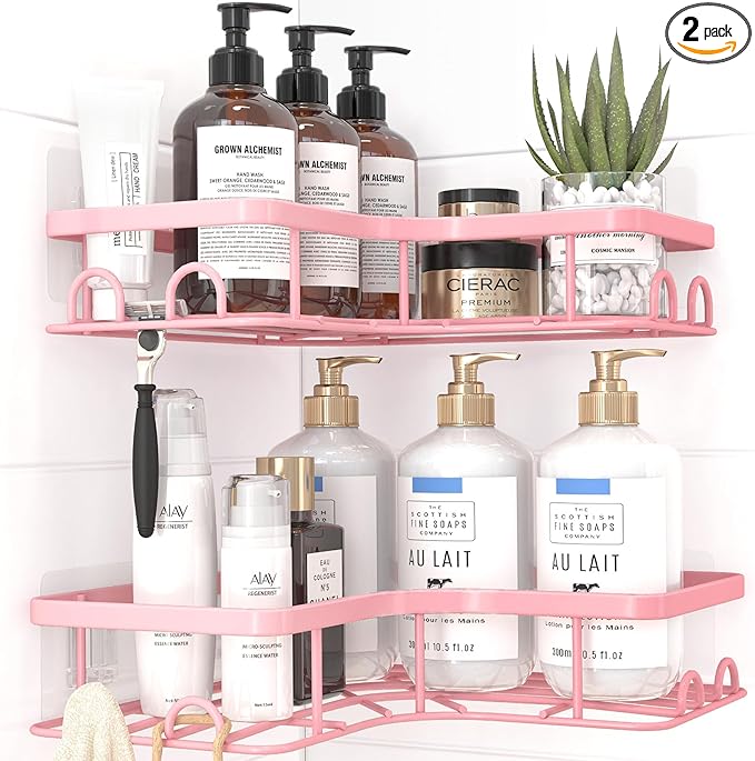 Corner Shower Caddy - 2 Pack, Adhesive Shower Organizers, Rustproof Stainless Steel Shower Shelves with 8 Hooks, No Drilling Bathroom Organizers and Storage Racks, Space-Saving, Pink, Medium