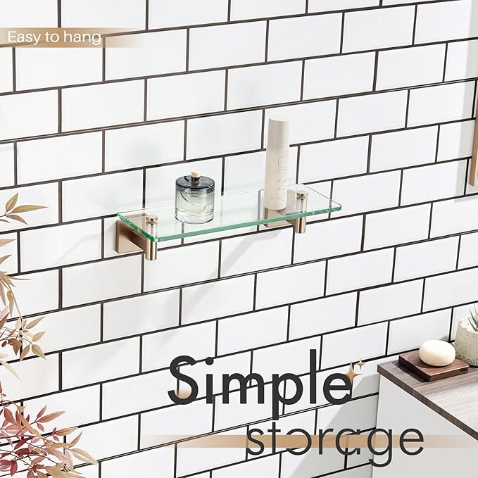 KOKOSIRI Wall Shelves Bathroom Hardware Glass Floating Shelf Small Hanging Rack Storage/Room Decor 12-Inch Champagne Bronze 2 Pack B1105CPG-L12-P2