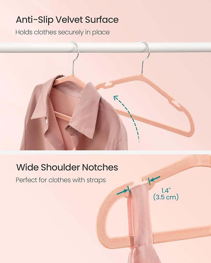 SONGMICS Kids Hangers 50 Pack, 14 x 8 Inches, Non-Slip Velvet Baby Hangers for Closet, Space-Saving, Wide Shoulder Notches, Coral Pink UCRF038R01