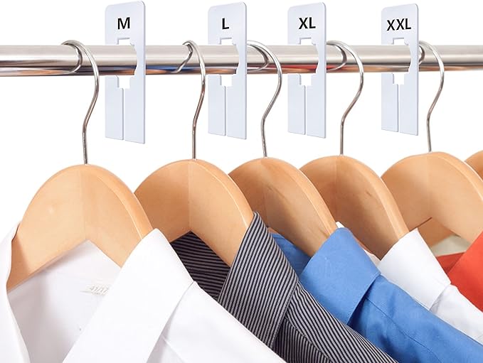 40 Pack Rectangular White Plastic Clothing Size Closet Rack Dividers Hangers, Preprinted in 8 Sizes XXS, XS, S, M, L, XL, XXL, XXXL (2.5”x 5”, Inner Diameter 1.38”)