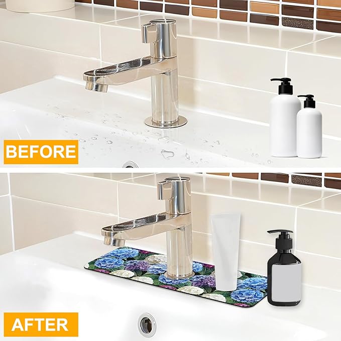 2 Pack Vintage Hydrangea Sink Faucet Absorbing Mat Colorful Hydrangeas Super Absorbent Fast Drying Mat Sink Gadgets Behind Faucet Sinkmat for Kitchen Bathroom, 15.5"x5.5"