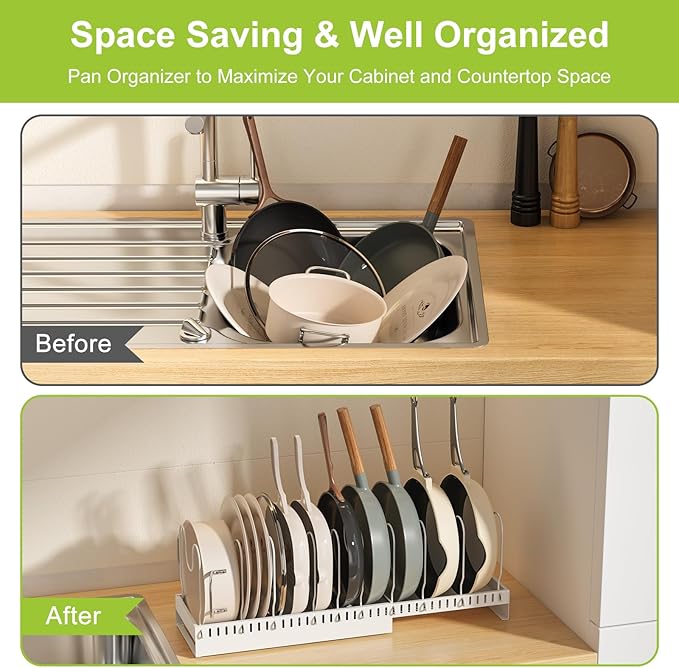 Pots and Pans Organizer Under Cabinet with Drain Board, Expandable Pot Lid Organizer inside Cabinet Holder with 10 Adjustable Compartment, Rack for Cutting Board, Sheet Pan, Cookware, White