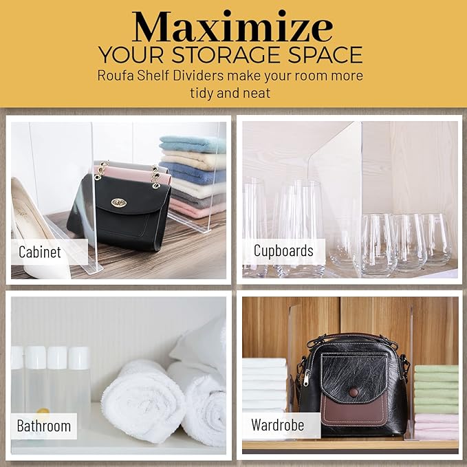 ROUFA 6Pcs Clear Acrylic Shelf Dividers, Closet Organizer Wood Shelf Separators Purse Organizer for Bedroom, Kitchen, Office, Bathroom 11.8''x11''