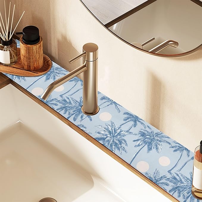 Kitchen Sink Splash Guard 2 PCS 14.7 Inch Sink Faucet Mat Splash Guard for Bathroom Countertop Water Absorbent Foldable Cuttable Soft Washable Light Blue Palm Trees and Sun
