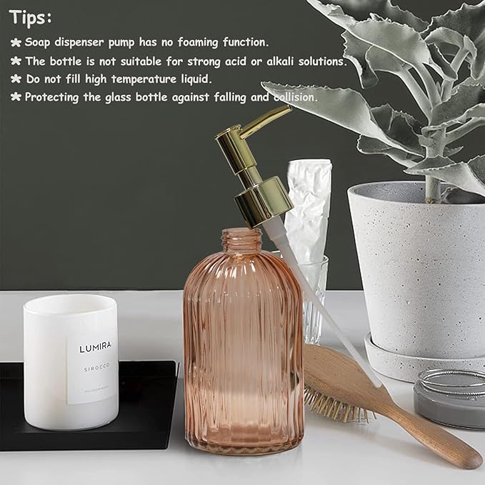 Glass Soap Dispenser with Gold Plastic Pump, 13.5oz Refillable Liquid Hand Soap Dispenser, 2 Pack Crystal Lotion Bottle for Modern Home Decor, Bathroom, Kitchen Countertop, Hotel(Orange)