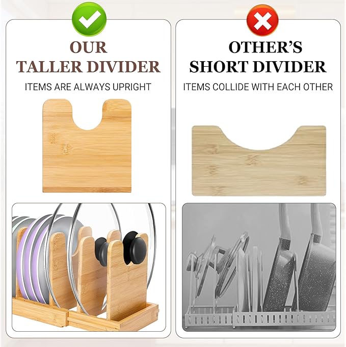 Bamboo Pot Lid Organizer, Pots and Pans Organizer Inside Cabinet, Pot Lids holder for Kitchen Countertop