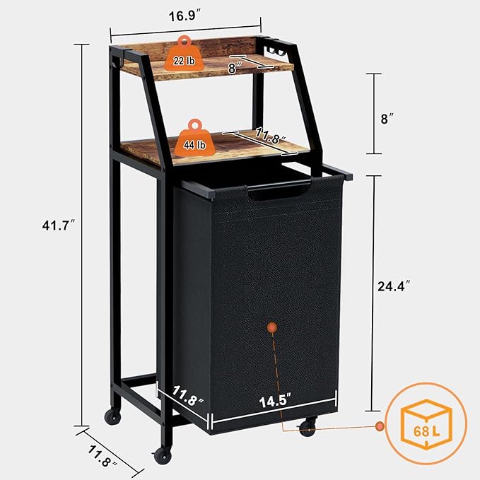 Laundry Hamper, Laundry Sorter, Rolling Laundry Basket with Wheels, 2 Shelves, 18 Gal(68L), Pull-Out and Removable Oxford Fabric Bags, for Laundry Room, Black and Rustic Brown