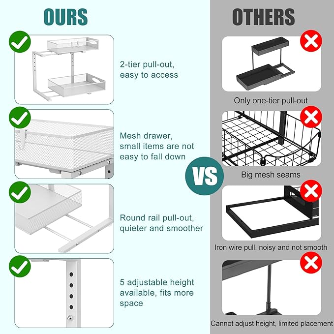 Housolution 1 Pack Large Under Sink Organizer, 2 Tier Metal Pull Out Under Sink Storage with Sliding Mesh Drawers, Height Adjustable Slide Out Under Cabinet Organizer for Kitchen Bathroom, White