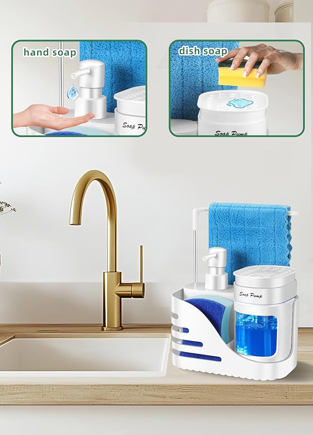Kitchen Soap Dispenser Set, 4-in-1 Dual Hand and Dish Soap Dispenser with Sponge Holder and Dishcloth Holder for Kitchen Sink (White)