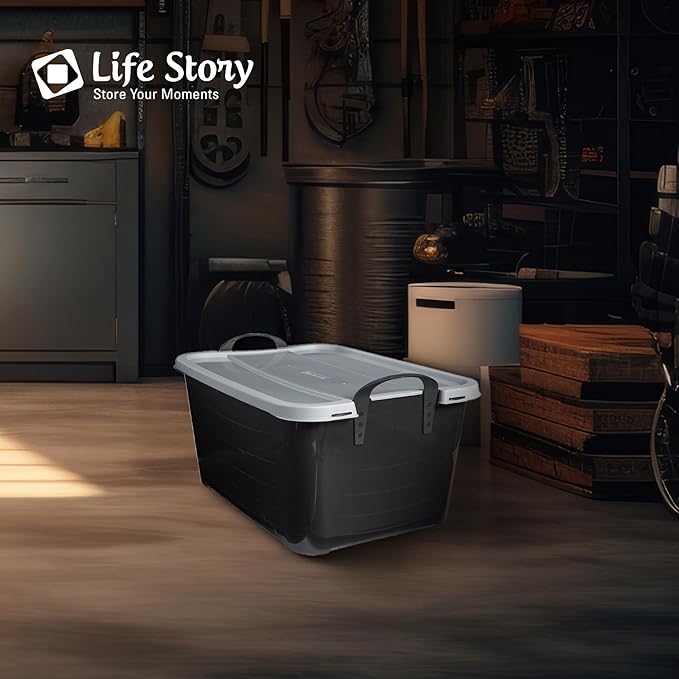 Life Story 18 Pack Heavy Duty Stackable Storage Bin, 55 Quart Home Organizer, Versatile Lightweight Locking Bins with Carrying Handles, Black/Gray