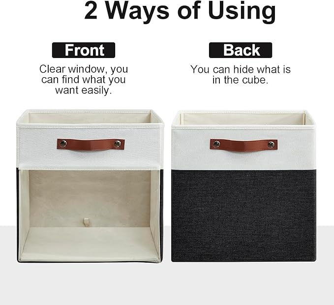 Storage Cubes, 4 Pack Linen Foldable Storage Bins (13 x 13 inch) with Clear Window and Handles, Fabric Organizer for Shelf Closet, Clothes, Books - (Black and White)