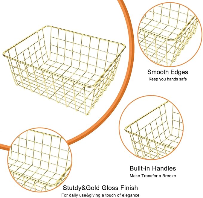 4 Pack Gold Wire Baskets for Pantry, 11" Upright Wire Freezer Storage Bins with Handles, Small Metal Storage Basket for Freezer Organizing Office Kitchen Closets
