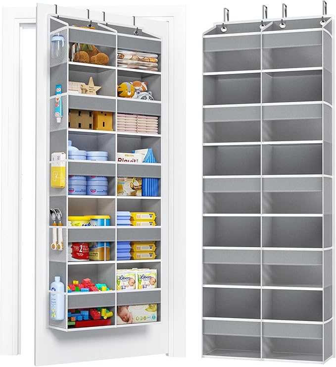 PureSpace 5-Tier Over The Door Organizer with 10 Side Mesh Pockets & Clear Windows, 80 lbs Weight Capacity Hanging Storage for Bathroom, Bedroom, Nursery, Kitchen, Organize Shoes, Diapers(Grey)