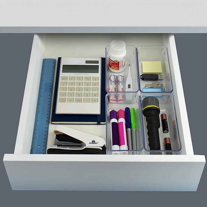 Acrimet Drawer Organizer Modular, Box Tray Storage Bins for Office, Home, Makeup, Kitchen, Junk Drawer (4 Pieces) (Clear Crystal Plastic)