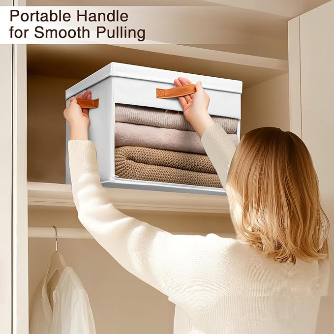 Large Storage Bins with Lids - 3 Pack Foldable Decorative Organizers with Clear Windows & Handles, Cube Storage Organizers for Clothes, Blankets, Sweaters, Sheets, White
