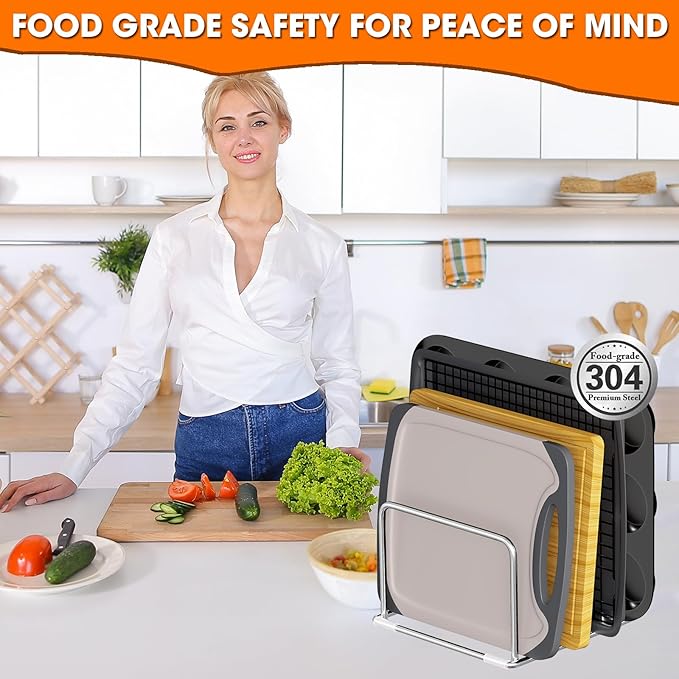 304 Stainless Steel Cutting Board Organizer Rack – Rustproof Compact 4-Slot Holder for Thin Cutting Boards and Plates – Premium Kitchen Storage Solution for Countertops and Cabinets