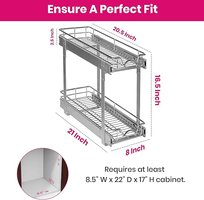 2-Tier Pull-Out Cabinet Organizer with Heavy-Duty Steel Frame, Full-Extension Sliding Shelves, Holds 100 lbs, Easy Install for Kitchen, Pantry & Under Sink Cabinets, 8" W x 21”D x 16.5" H