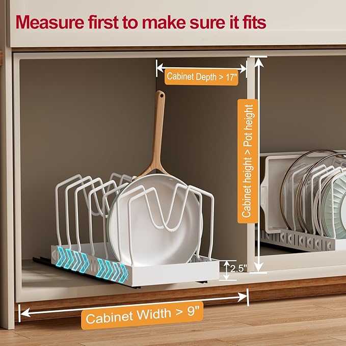 GoMaihe Pull-out Pots and Pans Organizer 2 Pack - Under Cabinet Pot Lid Holder for Kitchen - Bakeware & Dishes Storage Rack with Slide Rails - Multi-purpose Silde-out Drawer - Easy to Clean - White