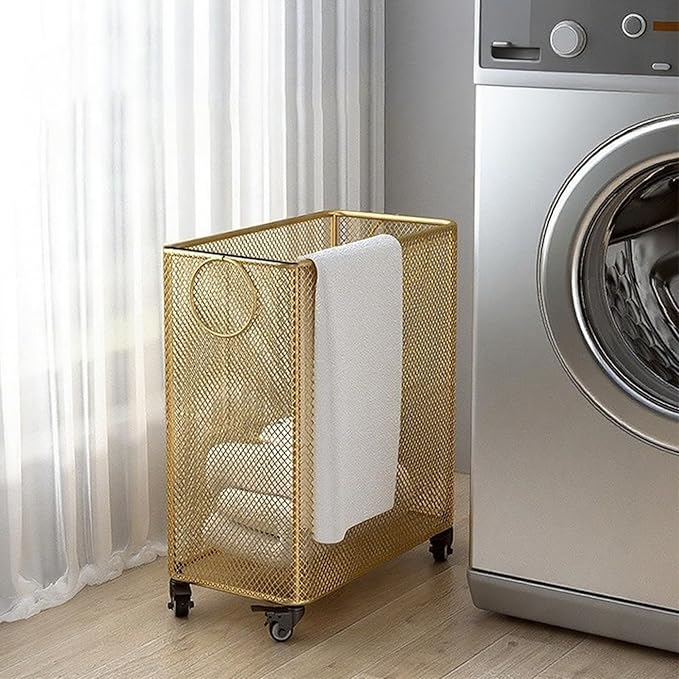 Gold Metal Laundry Basket with Wheels, Rolling Laundry Hamper Cart Gold Mesh Laundry Clothes Sorter Storage Cart Organizer Shelf Basket Durable for Laundry Room