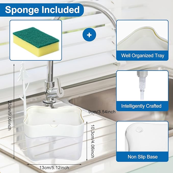 New 2026 Version Premium Quality Dish Soap Dispenser - Countertop Kitchen Soap Dispenser, Sink Dish Washing Soap Dispenser 13 Ounces (Sponge Included)