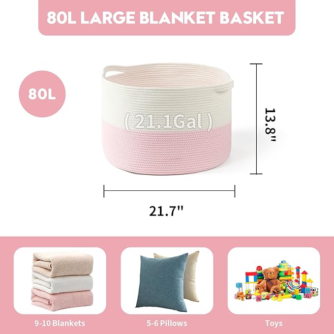 Foldable Laundry Hamper Basket with Collapsible Handle Cotton Rope Soft Woven Fabric Storage Organizer Clothes Toys Nursery Bedroom Dorm Space Saving Bin (White & Pink, 80L(21.7"D x 13.8"H))
