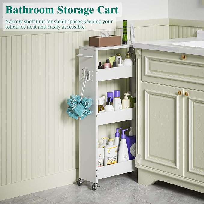 Slim Storage Cart, 4 Tier Rolling Kitchen Cart on Wheels for Small Space, Narrow Laundry Bathroom Organizers Mobile Shelving Unit Metal Utility Cart with Handle, 5.9in Width, White