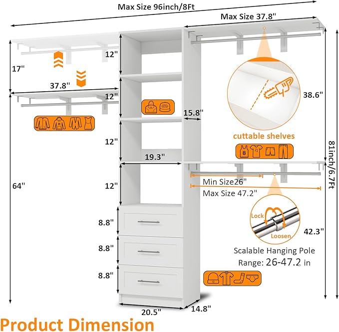 Closet System with Drawers, 5FT-8FT Closet Organizer System with Shelves & Expandable Hanging Rods, 96" Walk in Storage Closet System Wood, White