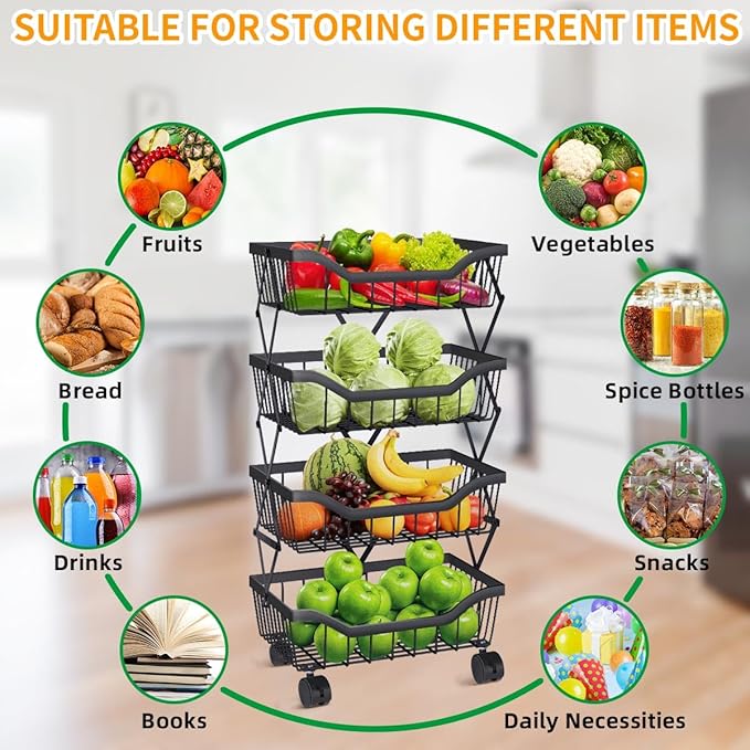 Fruit Basket for Kitchen 4 Tier Stackable Fruit Vegetable Storage Baskets with Wheels Metal Wire Storage Basket Organizer Cart for Kitchen Livingroom Diningroom Office, Black