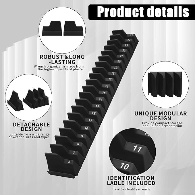 80 Pcs Modular Wrench Organizer Holder Set with Metric & SAE Labels, Wrench Rack for Toolbox Drawer Storage, Includes 9-Grid Clear Parts Box (Black)