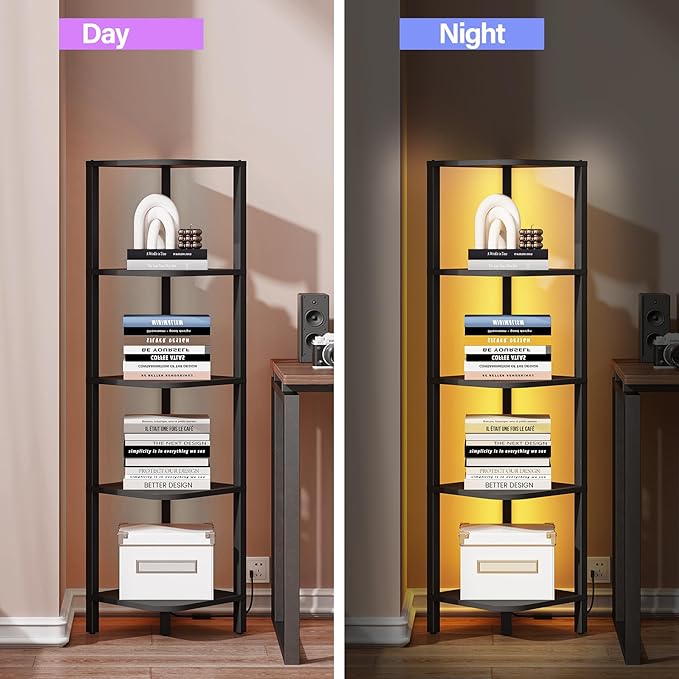 TUTOTAK Corner Shelf with LED Light, 5-Tier Corner Bookshelf for Small Space, Narrow Display Corner Shelf Stand with Storage Rack, for Living Room, Bedroom, Black BS08BK005L