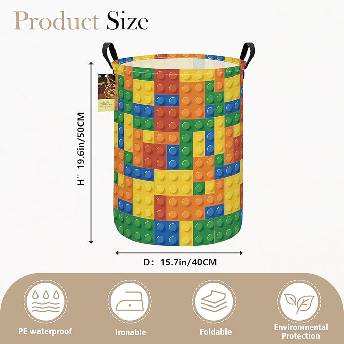 HUNRUNG Laundry Hamper,Large Canvas Fabric Lightweight Storage Basket Toy Organizer Dirty Clothes Collapsible Waterproof for College Dorms（Round-Colorful Blocks）