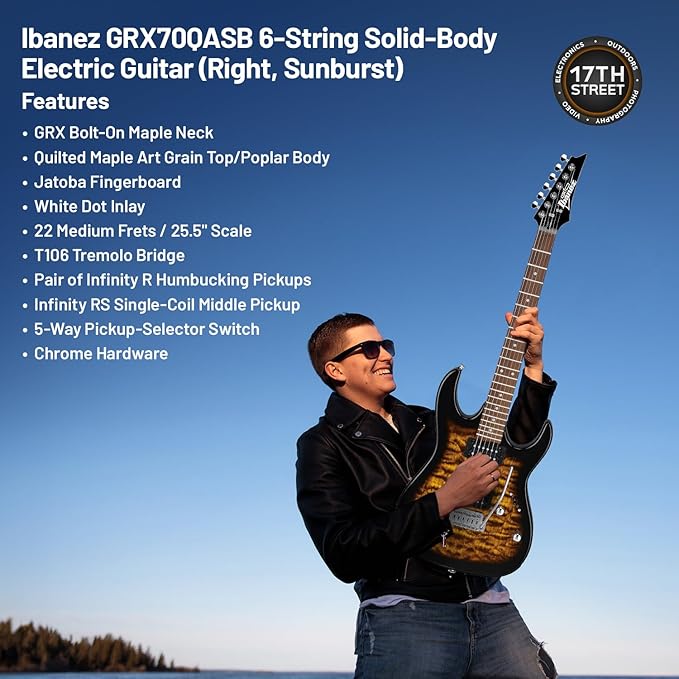 Ibanez 6-String Solid-Body Electric Guitar (Sunburst) - Right Handed Bass with GSF50 Powerpad Strap, String Capo, 15 Pack Guitar Picks with Storage Box & Microfiber Cleaning Cloth (Bundle Set)