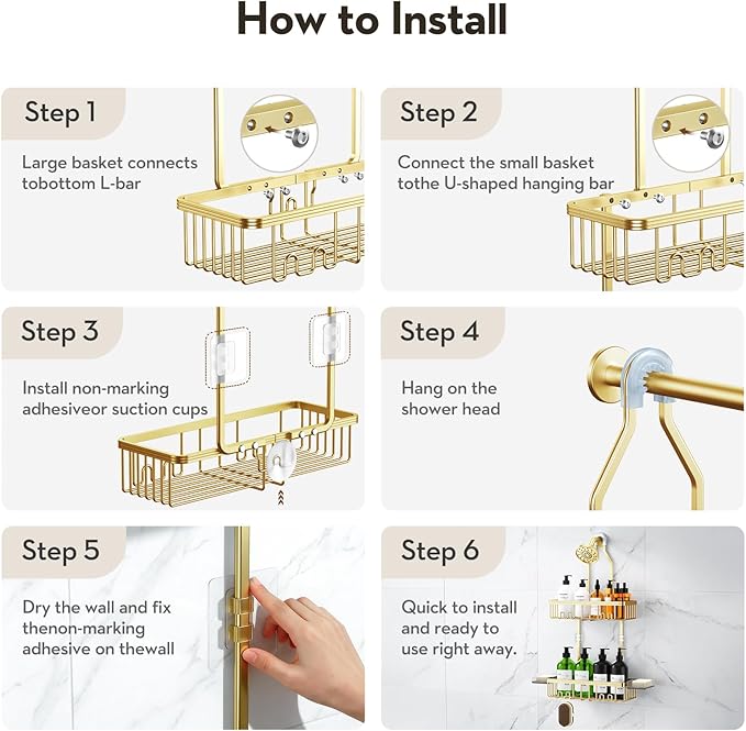 VALORDINE Shower Caddy Hanging, Shower Organizer Hanging, Aluminum Shower Racks for Inside Shower with Hooks for Razor, Never Rust Bathroom Organizers and Storage with Soap Holder, Gold